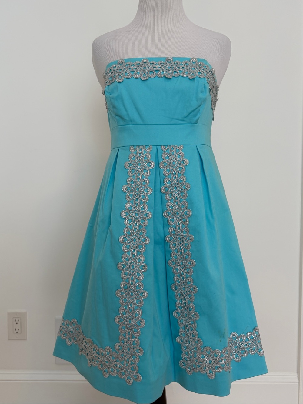 Lilly Pulitzer Aqua Strapless Dress with Silver Trim